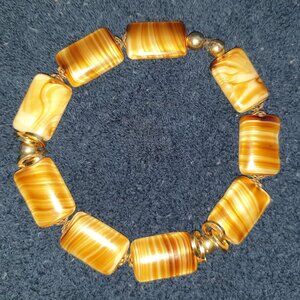 Large Vintage Art Deco Brown Agate Glass Beaded Hand Knotted Bracelet
